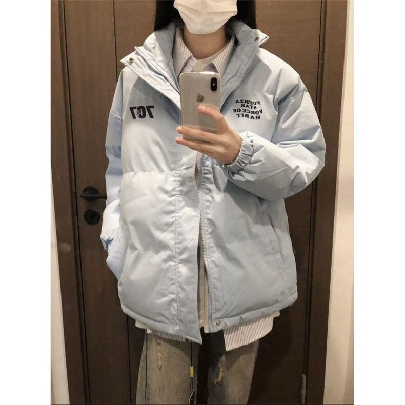 韩版设计感字母印花蓝色潮牌棉服女冬季新款百搭立领宽松棉衣外套,男装夹克,星座506A