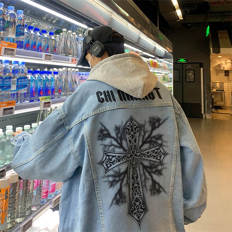 春季港风大码假两件连帽牛仔夹克外套男帽子可拆卸JK735-P88,男装夹克,星座912-1（原星座914-5）