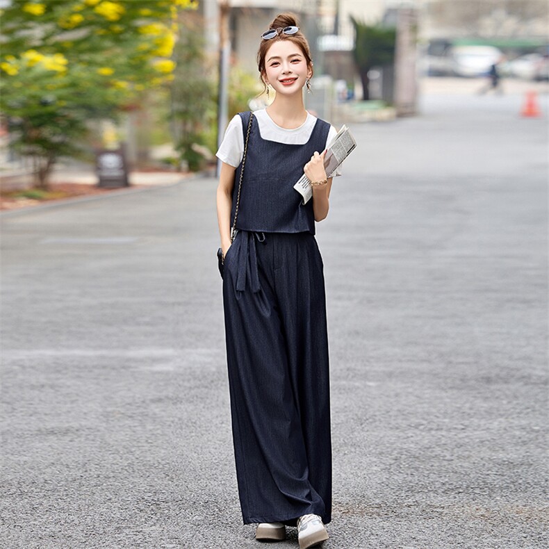 天丝牛仔套装女2025夏新款超火休闲减龄韩系马甲阔腿裤穿搭一整套,女装套装/套裙,魅影