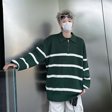 条纹翻领毛衣男美式高街半拉链设计套头针织衫秋设计感上衣M7168，男装针织衫/毛衣，星座506