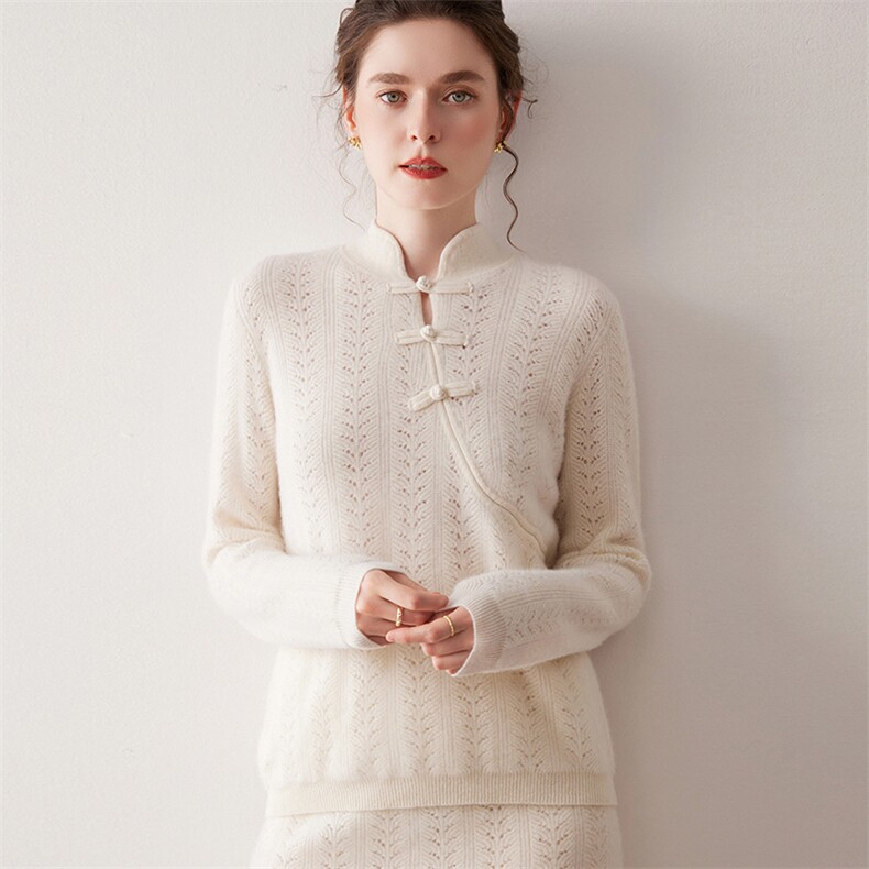 2025年秋季新款百搭女士旗袍领镂空上衣，女装羊绒衫，尚达羊绒