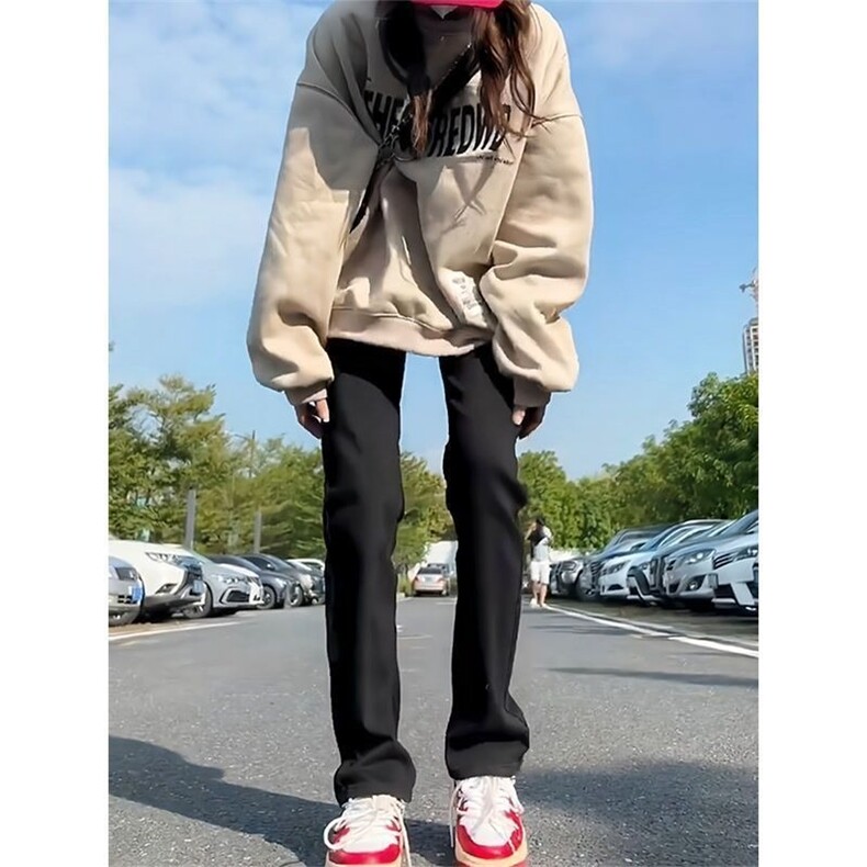 美式vibe风裤子高街纯黑色修身微喇牛仔裤男款显高直筒裤秋季,男装牛仔裤,星座1210-1