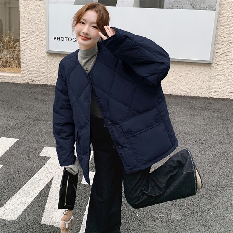 韩版时尚拼格纹轻薄款羽绒服女2025年冬季新款显瘦加厚白鸭绒外套,女装羽绒服,浙宝305