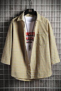 2021夏季新款男士舒适透气格子衬衣休闲七分袖衬衫DS814T图片