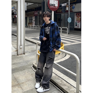【有货】连帽格子衬衫男高级感痞帅美式拉链夹克外套C300CC-特P55图片