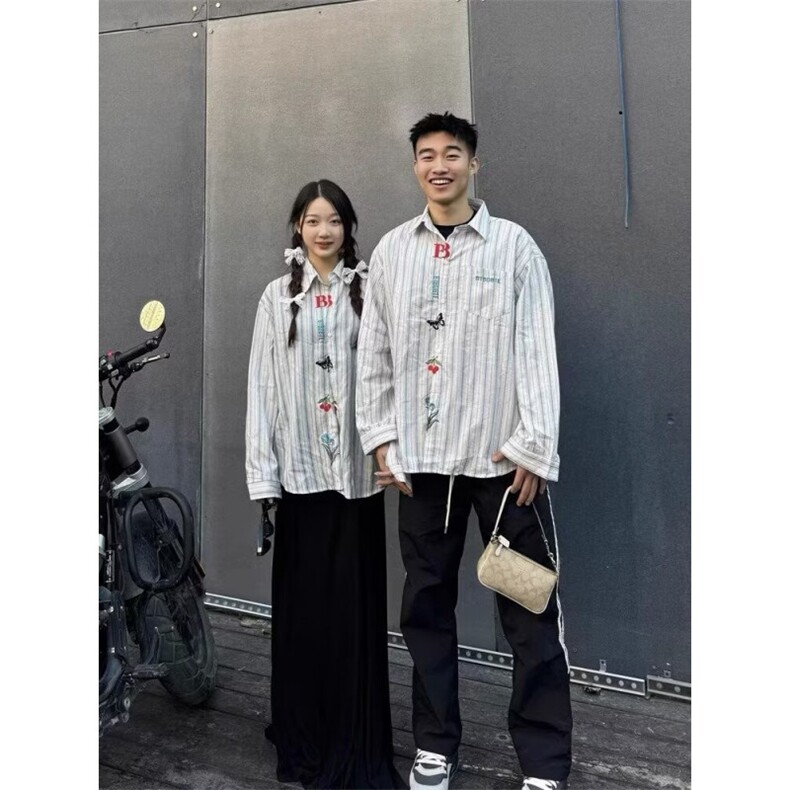 1506/QJ080/P46情侣文艺感刺绣长袖衬衫男女春秋季宽松百搭衬衣,男装衬衫,星座1506