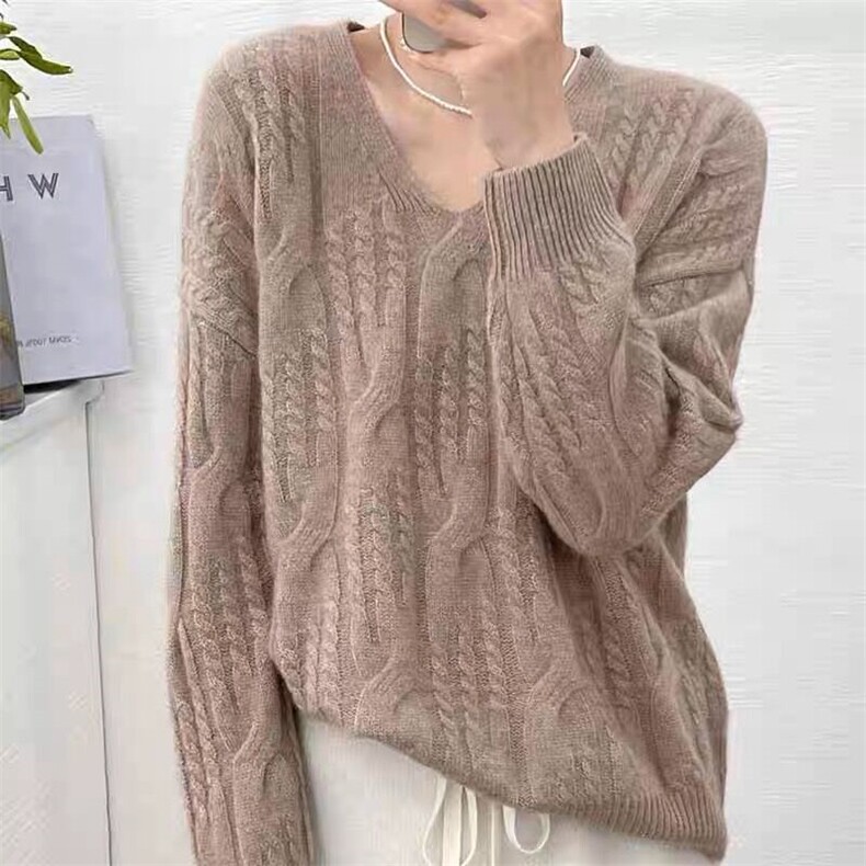 2024秋冬新款羊毛女士双麻花加厚V领羊毛衫，女装羊毛衫，胜酷羊绒