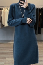 秋冬季羊毛休闲时尚通勤内搭百搭七针高领插肩长裙，女装连衣裙，越洋羊