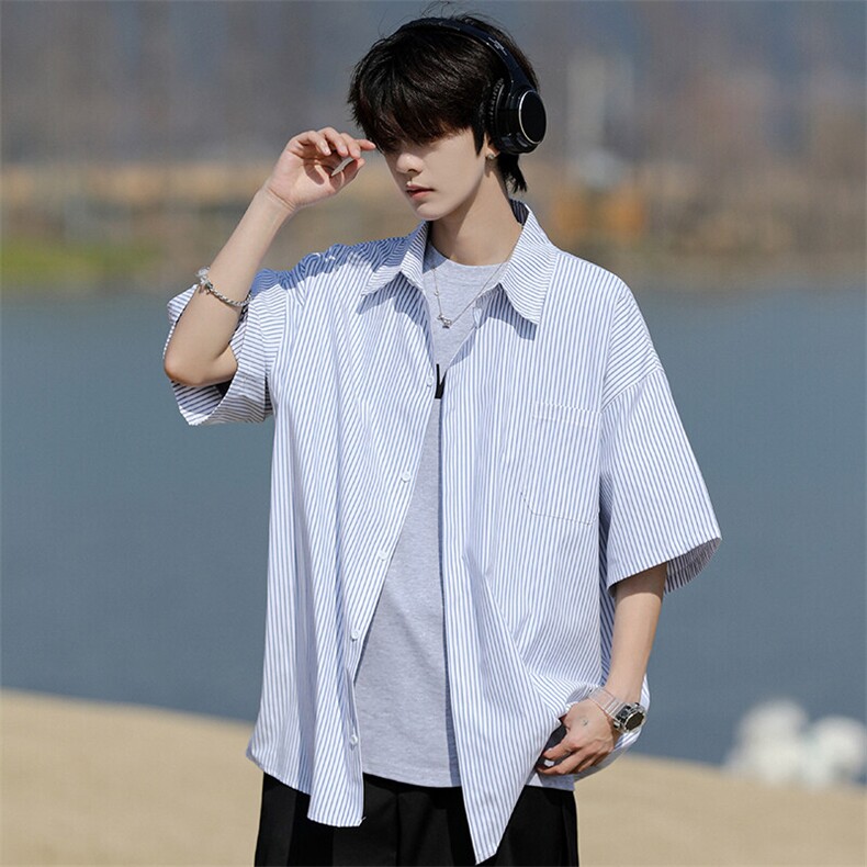 8XL-M条纹短袖衬衫男夏季宽松慵懒风痞帅大码衬衣外套DC28001P40,男装衬衫,电商B312