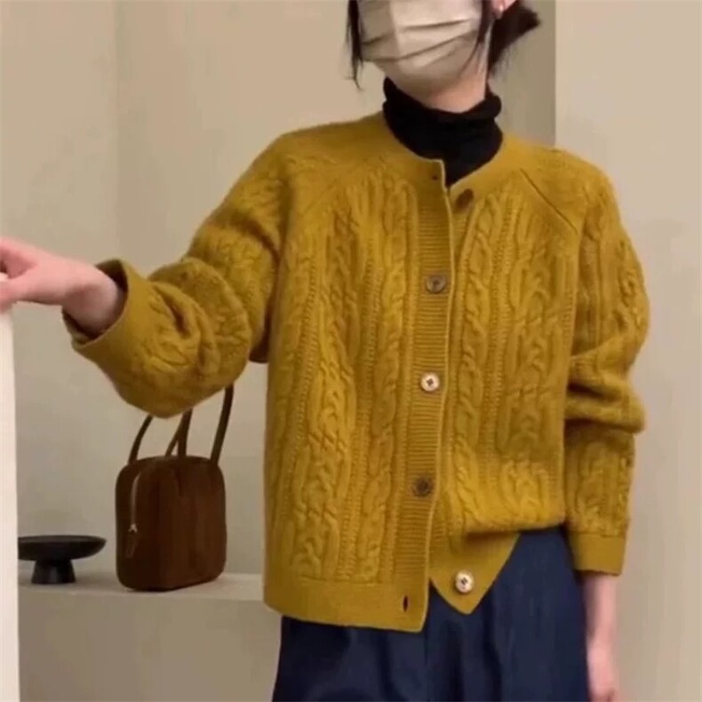 2025年秋季新款百搭女士圆领麻花提花长袖开衫,针织衫/毛衣,朝辰羊绒