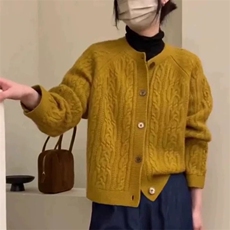 2025年秋季新款百搭女士圆领麻花提花长袖开衫，女装针织衫/毛衣，朝辰羊绒