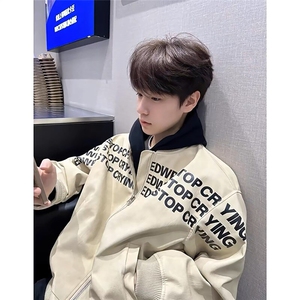 PU皮高质量 字母夹棉棒球服情侣夹克外套男 J81-常规P65 加棉P75图片