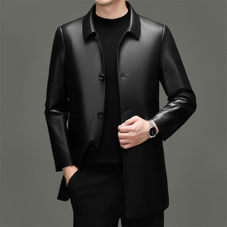 BG-P2110新款海宁真皮皮衣男头层绵羊皮中长款皮风衣翻领大衣图片