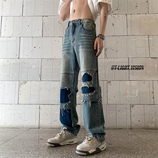 B221美式ins高街暗黑小众撞色破洞直筒牛仔裤LK23109-P65控88，男装牛仔裤，电商B221