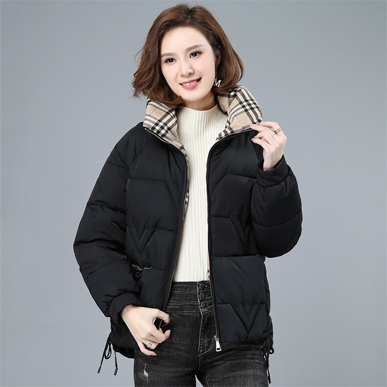 立领格子拼接棉服女短款2021冬装新款韩版宽松面包服冬季外套图片