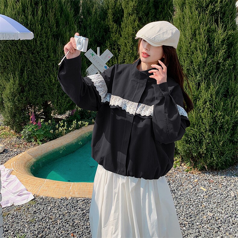 美式复古甜酷风蕾丝拼接暗扣工装外套女2025春款休闲棒球服夹克,女装短外套,蝶眷
