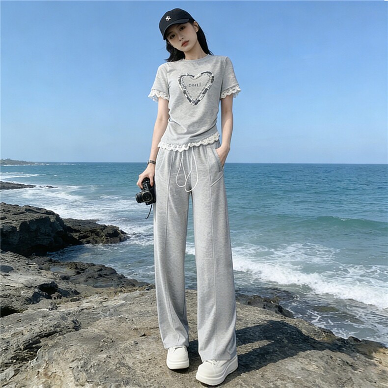 韩版时尚气质套装女夏季新款高级感显瘦短袖上衣宽松阔腿裤两件套,女装套装/套裙,江南