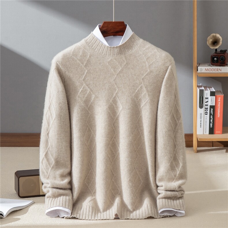 2025秋冬百搭时尚简约半高领菱形扭花羊绒衫，男装羊绒套衫，牧群羊绒