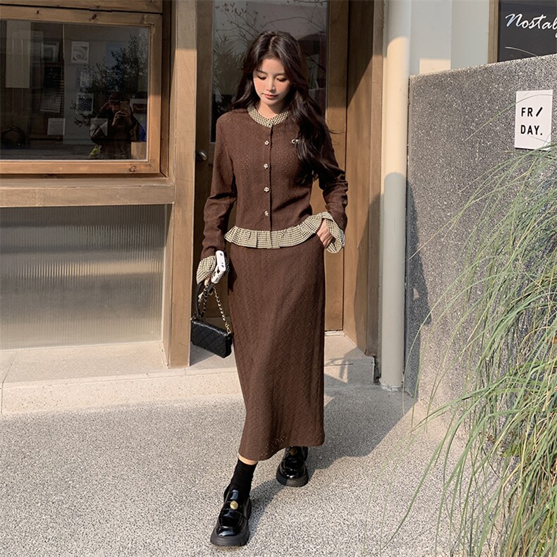 春季新款时尚两件套女装气质显瘦格子拼接长袖外套+高腰阔腿裤套装优雅百搭,女装套装/套裙,秋水欣儿