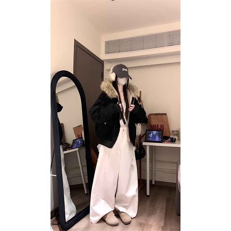 现货重磅boxy短款棉衣座山雕大毛毛领男女棉服水洗工装厚外套,男装棉衣,电商A486-1