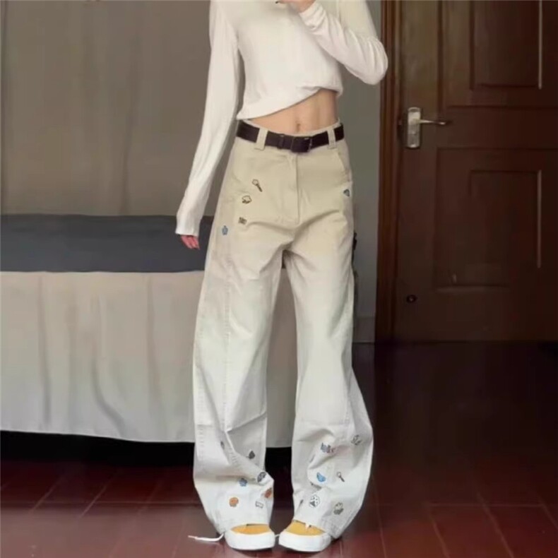 1506/Q30730/P57黑色花卉弯刀牛仔裤男秋季阔腿直筒微喇裤图片