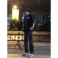 B221美式ins高街暗黑系小众拉链直筒牛仔裤LK23073-P65控88，男装牛仔裤，电商B221