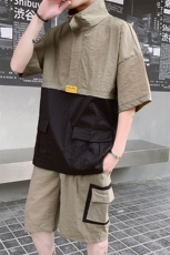 混色双拼休闲套装2021新款夏季宽松短袖t恤两件套男装，男装套装，电商A102