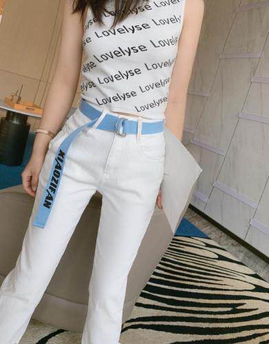 腰带白色小直筒牛仔裤～SMLXL，女装牛仔裤，LOVELS