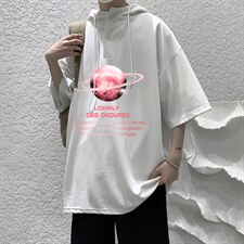 LD54184-P45连帽短袖t恤男大码胖子带帽五分袖中袖大皂风，男装T恤，电商A040