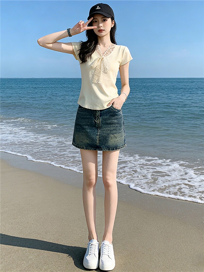 时尚气质套装裙女夏季新款显瘦V领蕾丝拼接针织衫牛仔短裙两件套,女装套装/套裙,江南