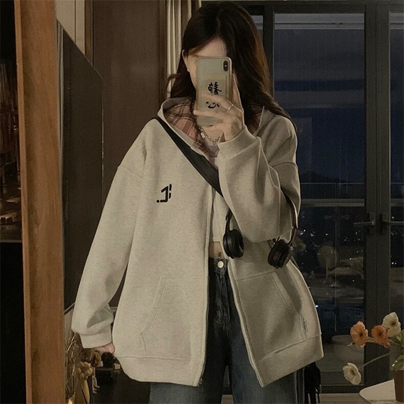 美式复古拼接格子连帽卫衣女初秋宽松hiphop开衫外套潮C812-P100,女装短外套,星座911-2(原星座613-2）