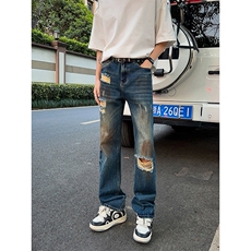 B221美式ins高街暗黑宽松直筒破洞喷墨乞丐牛仔裤LK24202-P60控78，男装牛仔裤，电商B221