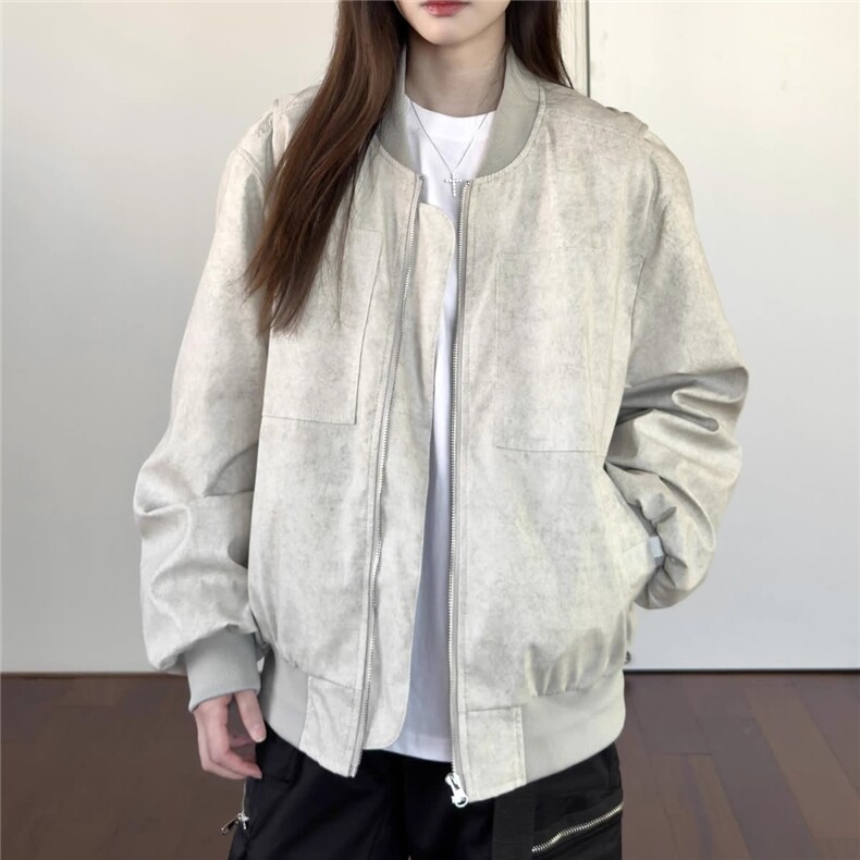 慵懒文艺流行ins百搭新款潮流时尚原宿棒球领短宽石灰女夹克外套图片