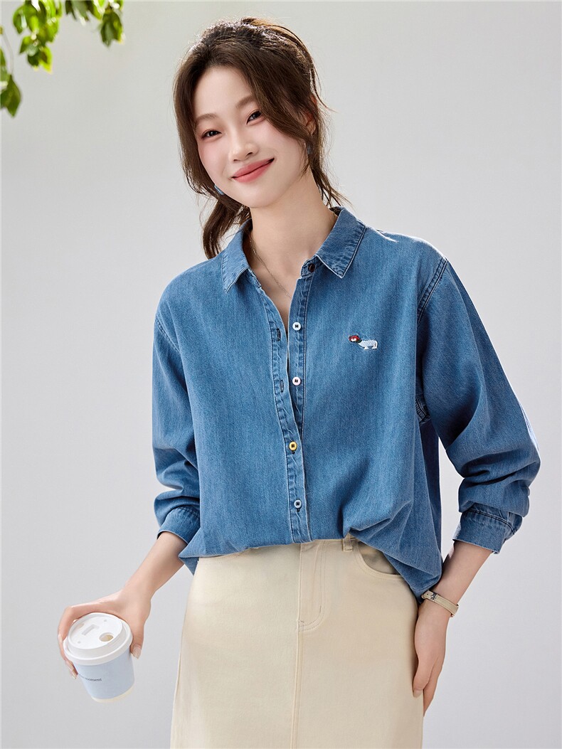 韩系松弛感牛仔衬衫女2026春款刺绣彩扣叠穿百搭长袖上衣宽松显瘦,女装衬衫,艾米