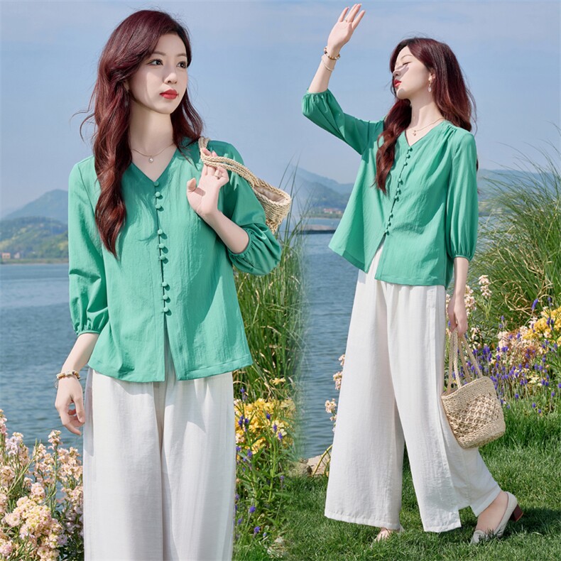 七分袖夏款年轻国风套装女2025新款干练气质亚麻显瘦贵夫人两件套，女装套装/套裙，水衣源