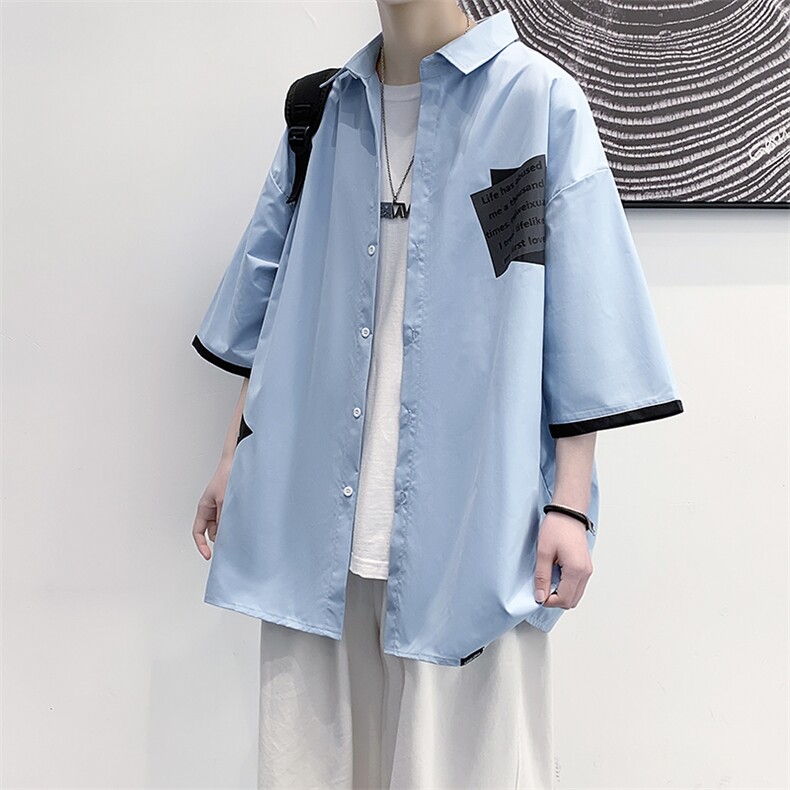 货足7XL-M 2023夏季新款美式假两件短袖衬衫ins潮半袖加肥加大码图片