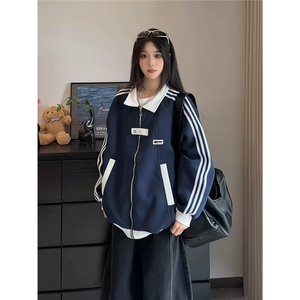 网图现货 藏青色美式撞色翻领秋冬运动外套W023特P50图片
