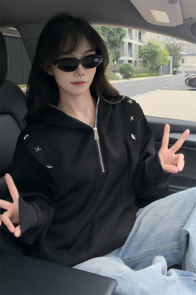 秋冬新款原创设计星星铆钉拉链连帽卫衣常规p75加绒p85,男装卫衣,电商B319