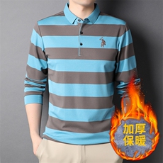 2022爸爸装秋冬季长袖t恤男士翻领POLO衫打底条纹上衣服加绒体恤，男装T恤，钱塘6003（原4033）