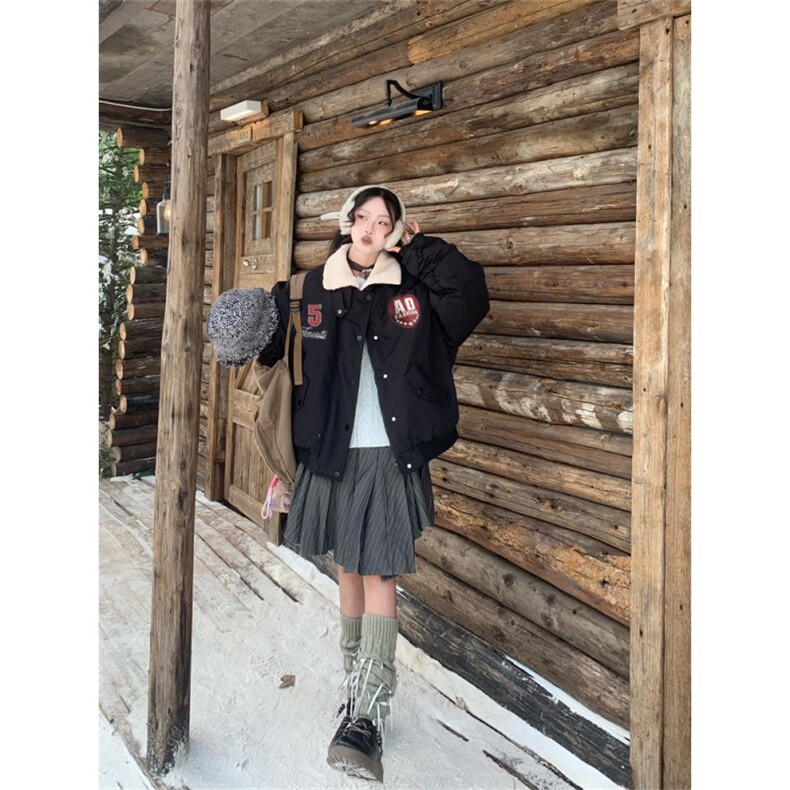 美式设计感羊羔毛翻领棉服外套男女飞行服重磅绣花冬季棉袄网图,男装棉衣,电商C306-1
