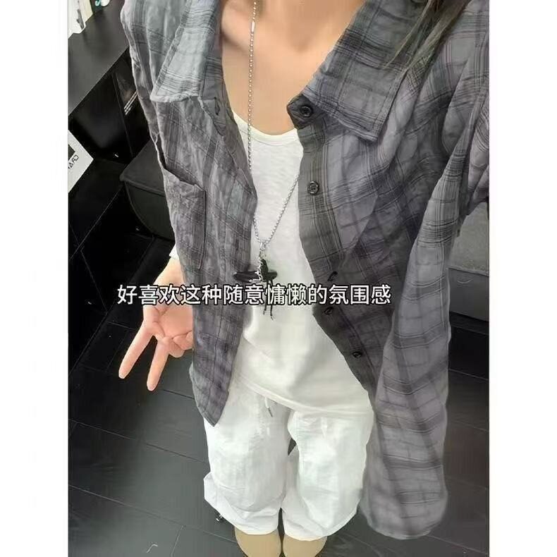 军绿色复古格子短袖衬衫男夏季凉感速干休闲衬衣冰丝防晒情侣外套,男装衬衫,星座506A
