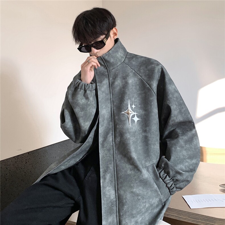2025港风PU皮复古做旧可拆卸四芒星胸针设计夹克JK77757P90控128，男装夹克，星座227-7