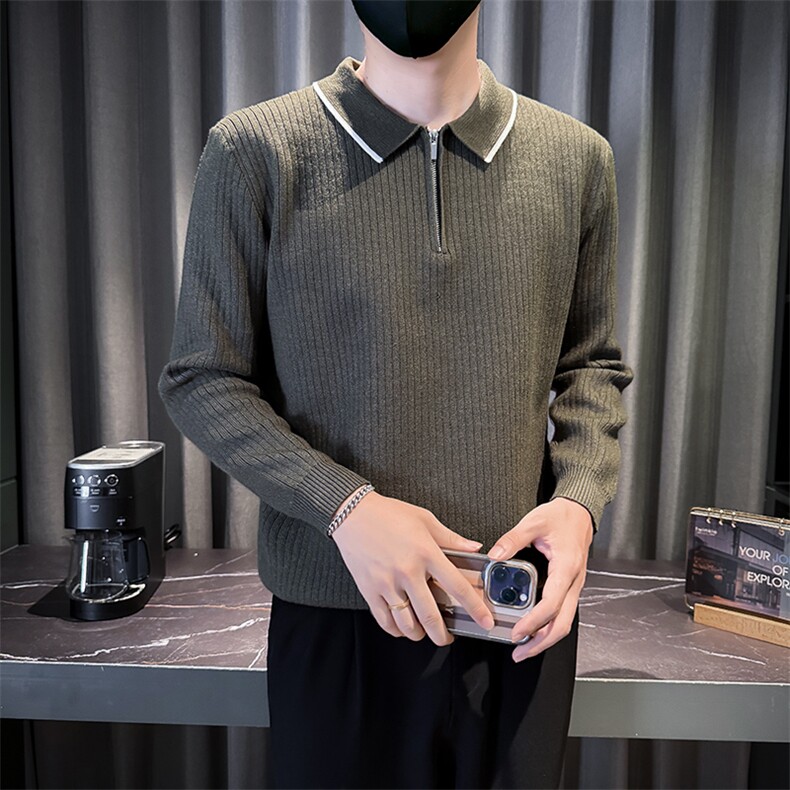 B1240-P98-M-3XL秋季翻领休闲打底拼色拉链商务针织套头毛衣男,男装T恤,电商B255
