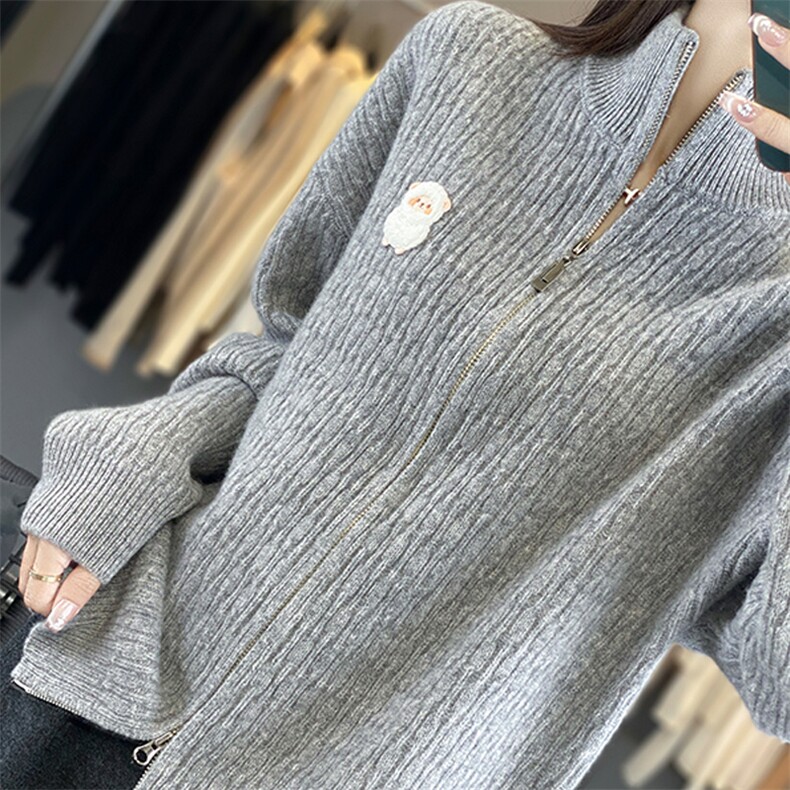 羊毛开衫女半高领双拉链加厚外套毛衣宽松小羊绣花针织上衣,针织衫/毛衣,优麦羊绒（原洪叶羊绒）