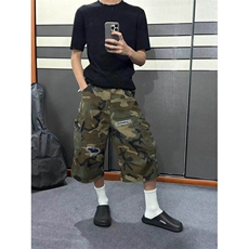 春夏季美式破洞补丁直筒迷彩七分裤男女宽松休闲短裤DK03127-P51，男装牛仔裤，星座308B-1