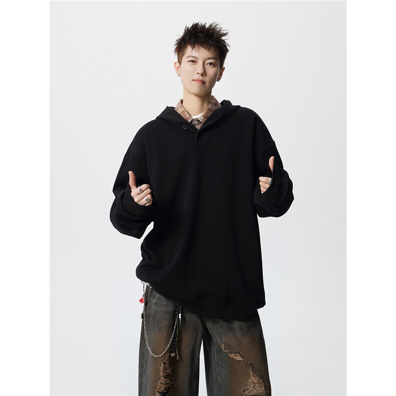 秋冬毛线廓形拼接男女同款落肩连帽卫衣WY9113/P65，男装卫衣，电商B238