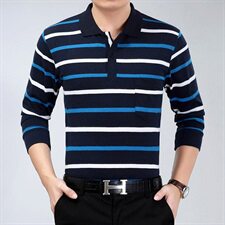 秋季新款中年男士长袖t恤条纹polo衫休闲打底衫爸爸装CF02，男装Polo衫，电商A128