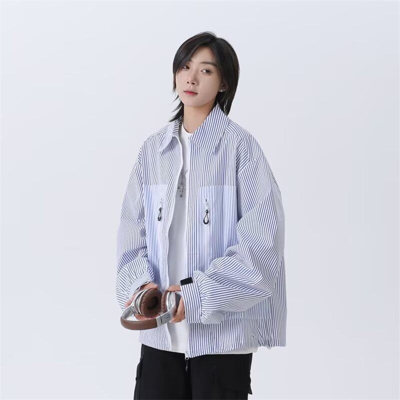 美式复古条纹衬衫夹克男女宽松休闲小众设计撞色拼接防晒衬衣外套,男装夹克,星座601-1