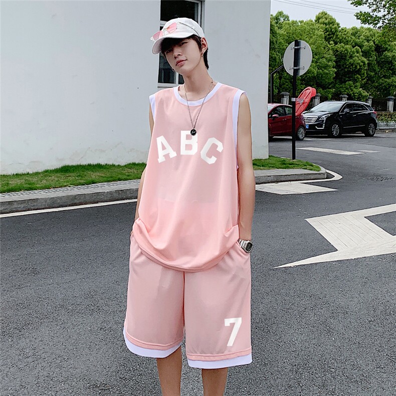 港风夏季休闲网眼拼色运动篮球套装宽松两件套TZ6303P50控68,男装休闲套装,电商A268A
