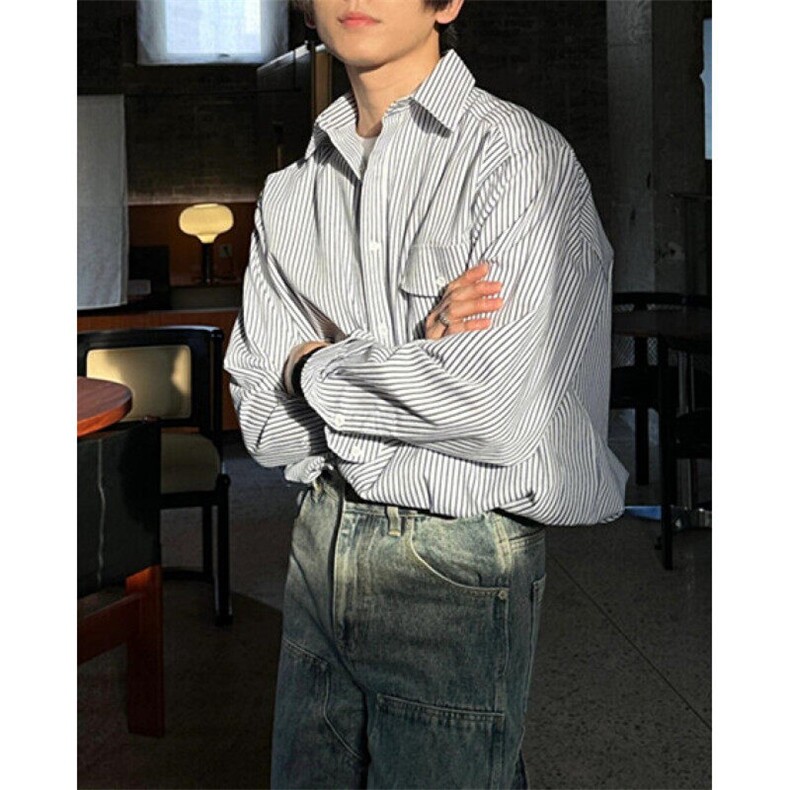 日系廓形宽松细条纹长袖衬衫男女薄外套复古休闲宽松衬衣 C297图片